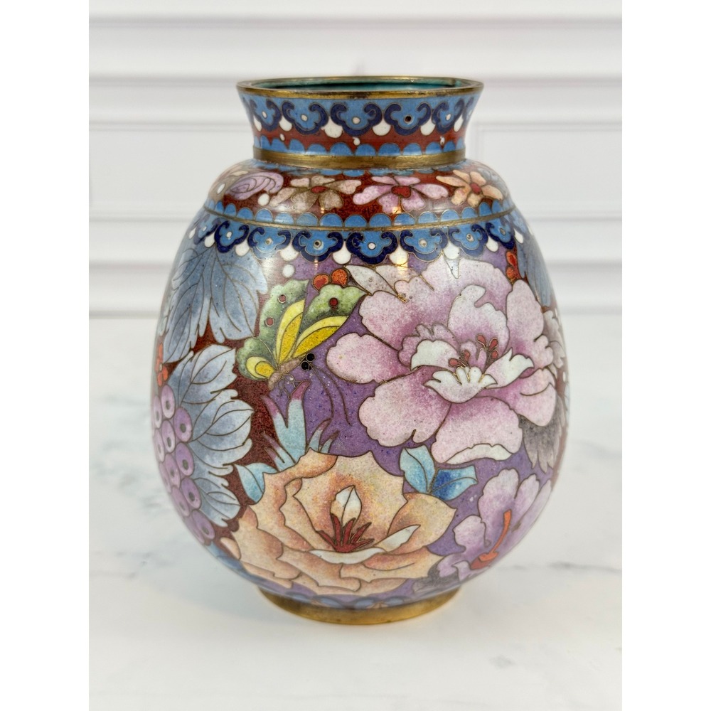 Vintage Brass Chinese Cloisonné 5 1/2" Floral Peony Motif Vase Blue Purple
